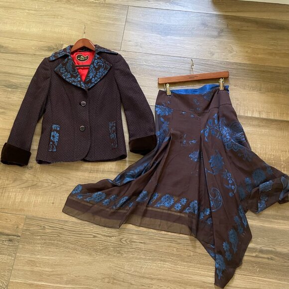 Etro Milano Suit Womens 42 Italy Brown Blue Wool Silk Brocade Handkerchief Skirt - Picture 1 of 14